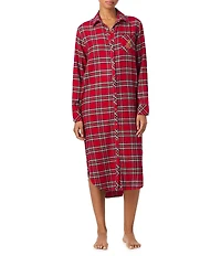 Lauren Ralph Lauren Plaid Long Sleeve Notch Collar Button-Front Brushed Twill Ballet Sleepshirt