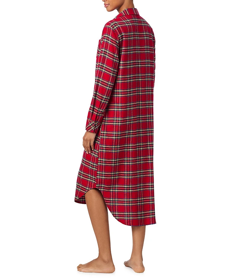 Lauren Ralph Lauren Plaid Long Sleeve Notch Collar Button-Front Brushed Twill Ballet Sleepshirt