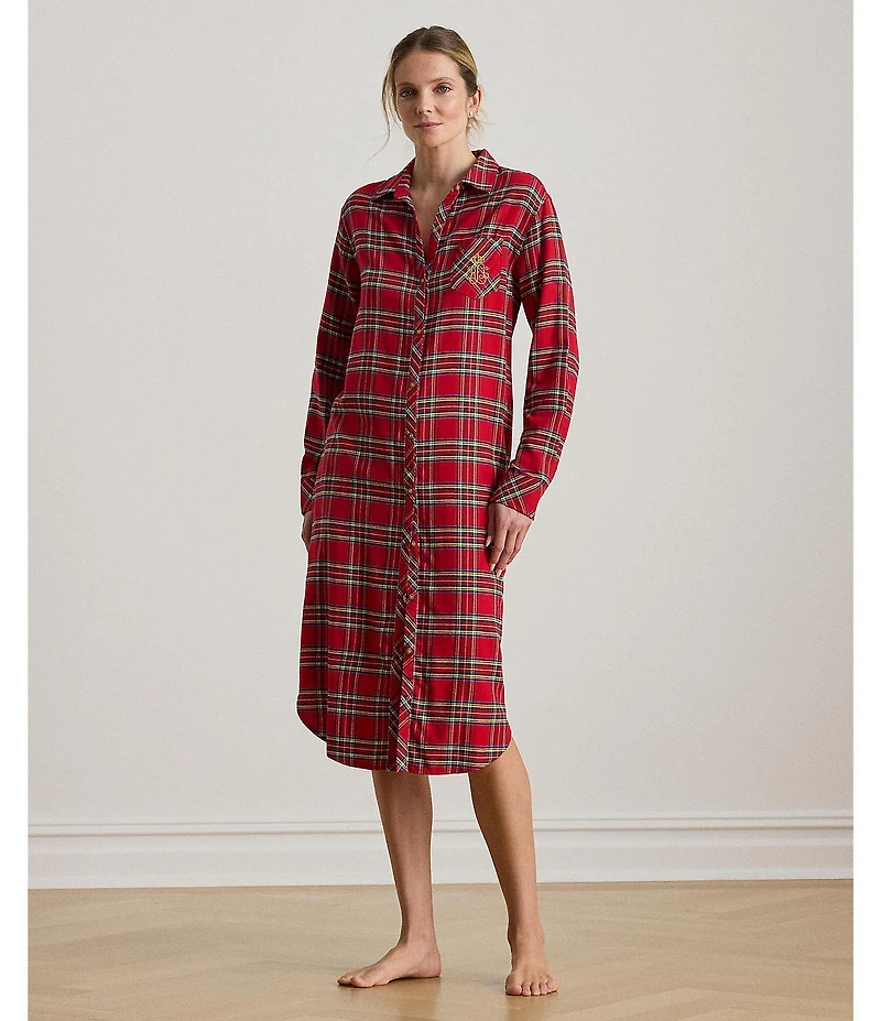 Lauren Ralph Lauren Plaid Long Sleeve Notch Collar Button-Front Brushed Twill Ballet Sleepshirt