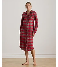 Lauren Ralph Lauren Plaid Long Sleeve Notch Collar Button-Front Brushed Twill Ballet Sleepshirt