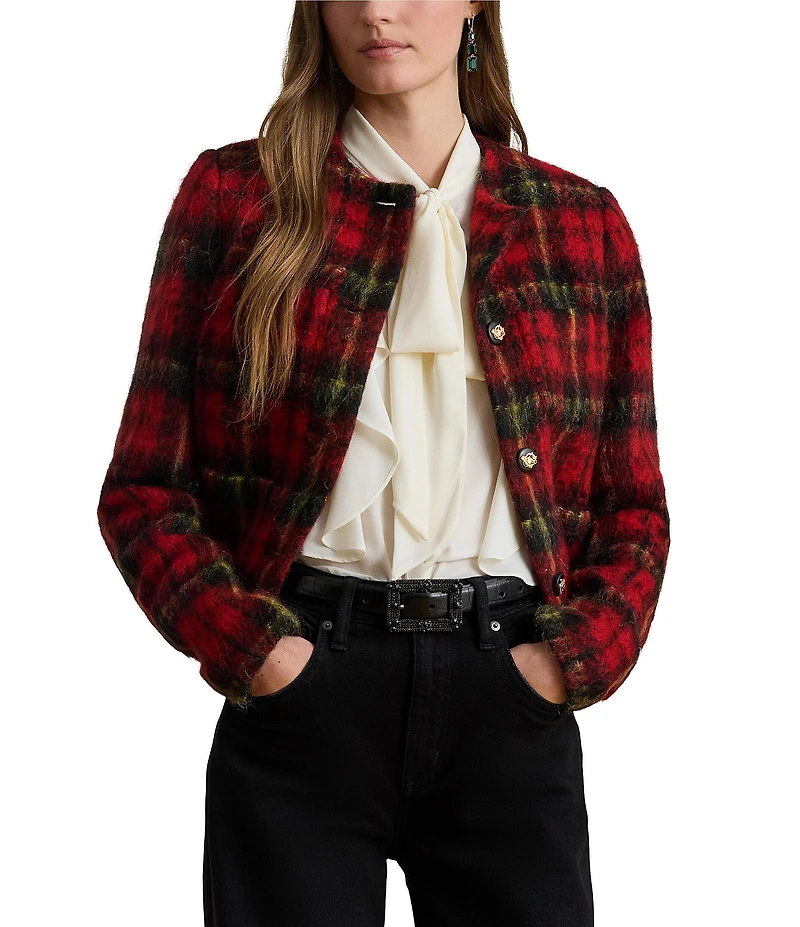 Lauren Ralph Lauren Plaid Mohair Round Neck Long Sleeve Cropped Jacket