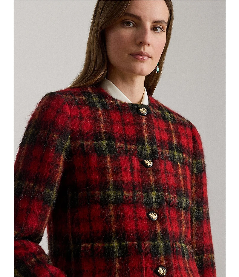 Lauren Ralph Lauren Plaid Mohair Round Neck Long Sleeve Cropped Jacket