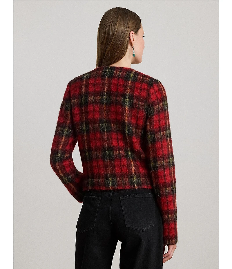 Lauren Ralph Lauren Plaid Mohair Round Neck Long Sleeve Cropped Jacket