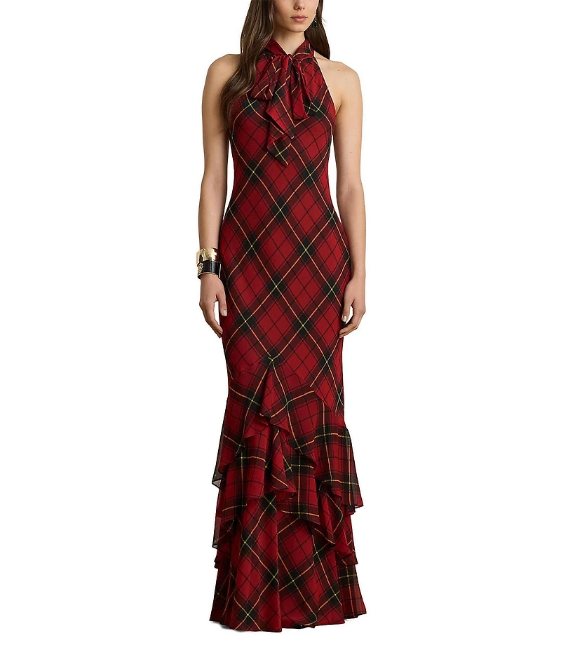 Lauren Ralph Lauren Plaid Print Georgette Halter Keyhole Neck Sleeveless Ruffle Tiered Gown