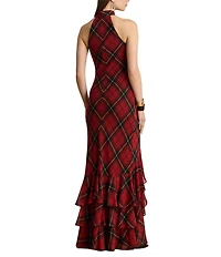 Lauren Ralph Lauren Plaid Print Georgette Halter Keyhole Neck Sleeveless Ruffle Tiered Gown