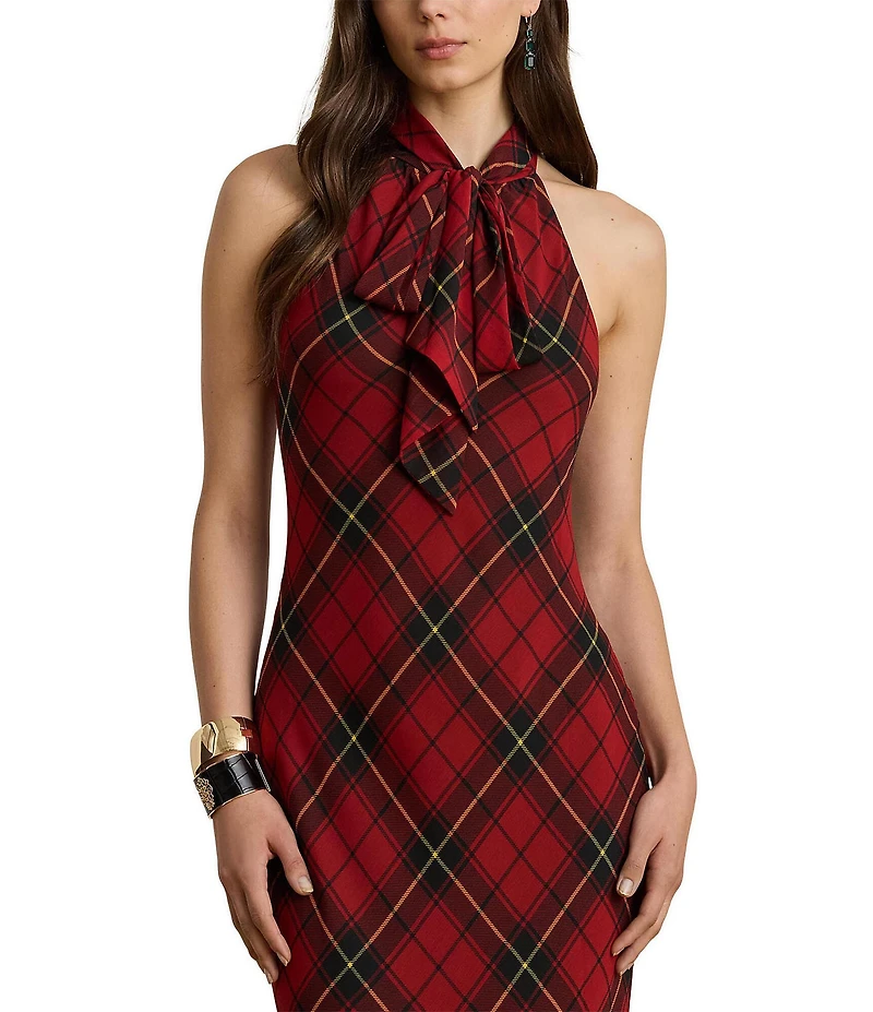 Lauren Ralph Lauren Plaid Print Georgette Halter Keyhole Neck Sleeveless Ruffle Tiered Gown