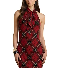 Lauren Ralph Lauren Plaid Print Georgette Halter Keyhole Neck Sleeveless Ruffle Tiered Gown