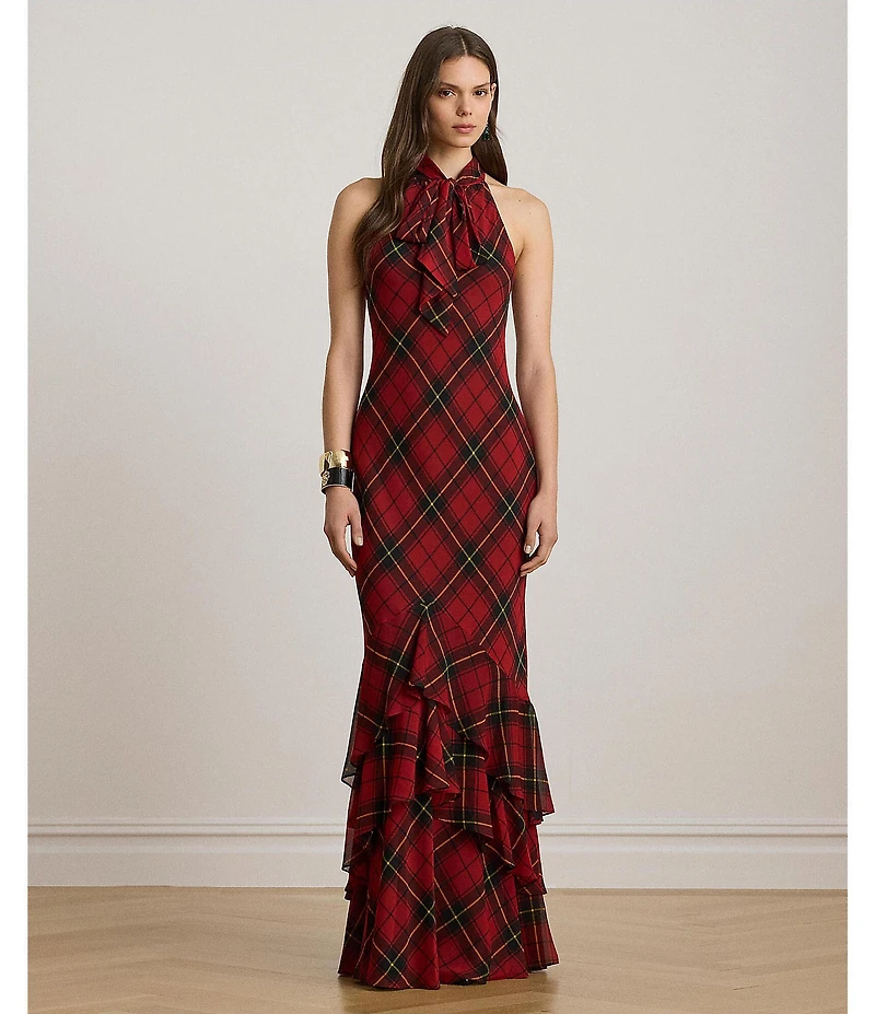 Lauren Ralph Lauren Plaid Print Georgette Halter Keyhole Neck Sleeveless Ruffle Tiered Gown