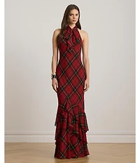 Lauren Ralph Lauren Plaid Print Georgette Halter Keyhole Neck Sleeveless Ruffle Tiered Gown