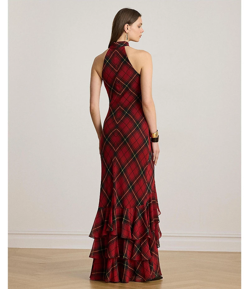 Lauren Ralph Lauren Plaid Print Georgette Halter Keyhole Neck Sleeveless Ruffle Tiered Gown