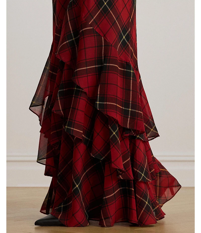 Lauren Ralph Lauren Plaid Print Georgette Halter Keyhole Neck Sleeveless Ruffle Tiered Gown