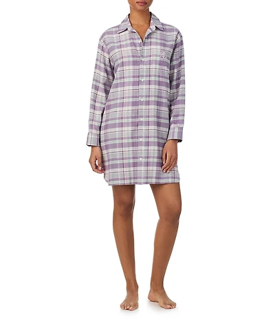 Lauren Ralph Lauren Plaid Print Long Sleeve Notch Collar His Shirt Sleepshirt