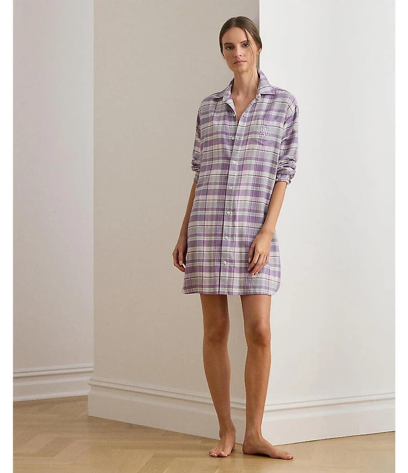 Lauren Ralph Lauren Plaid Print Long Sleeve Notch Collar His Shirt Sleepshirt