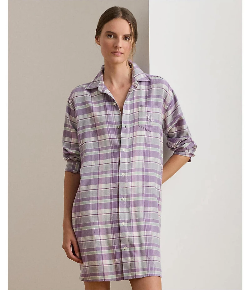Lauren Ralph Lauren Plaid Print Long Sleeve Notch Collar His Shirt Sleepshirt