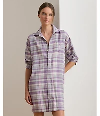 Lauren Ralph Lauren Plaid Print Long Sleeve Notch Collar His Shirt Sleepshirt