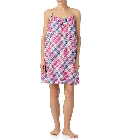Lauren Ralph Lauren Plaid Print Sleeveless Tunnel Neck Woven Short Nightgown