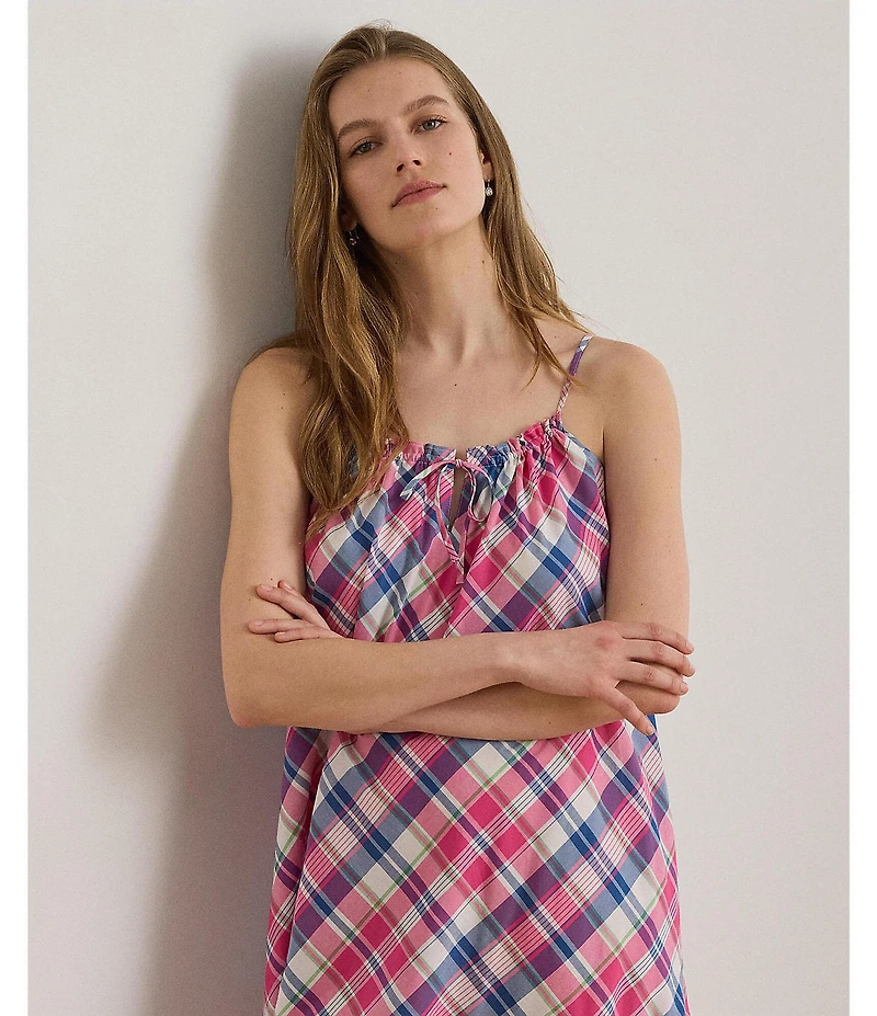 Lauren Ralph Lauren Plaid Print Sleeveless Tunnel Neck Woven Short Nightgown