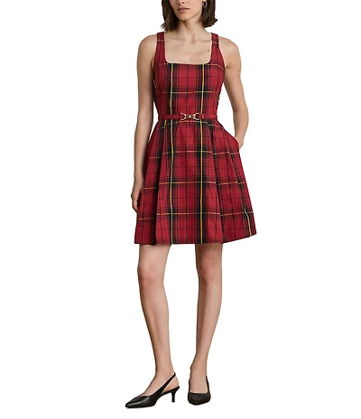 Lauren Ralph Lauren Plaid Taffeta Square Neck Belted Pleated Skirt Fit-and-Flare Dress