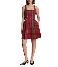 Lauren Ralph Lauren Plaid Taffeta Square Neck Belted Pleated Skirt Fit-and-Flare Dress