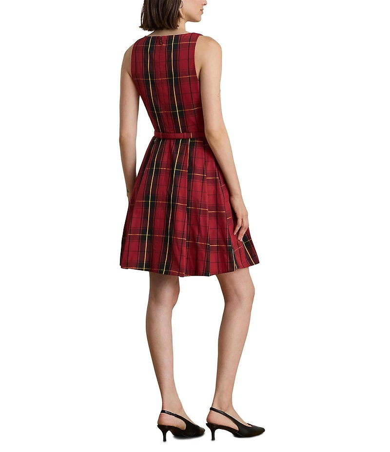 Lauren Ralph Lauren Plaid Taffeta Square Neck Belted Pleated Skirt Fit-and-Flare Dress