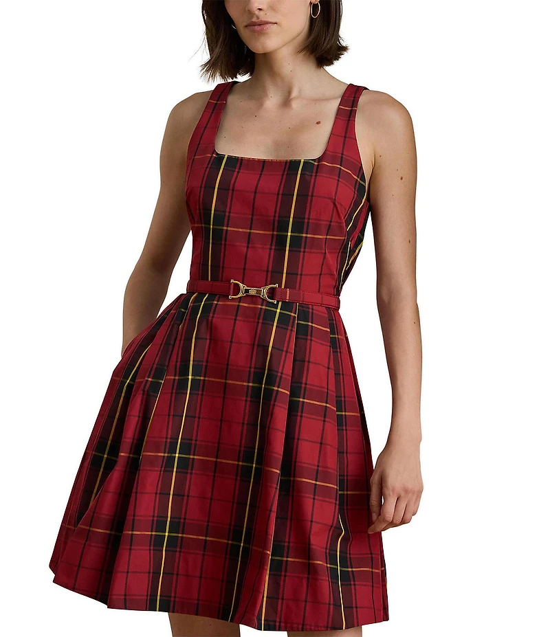 Lauren Ralph Lauren Plaid Taffeta Square Neck Belted Pleated Skirt Fit-and-Flare Dress