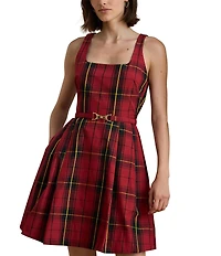 Lauren Ralph Lauren Plaid Taffeta Square Neck Belted Pleated Skirt Fit-and-Flare Dress