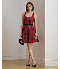 Lauren Ralph Lauren Plaid Taffeta Square Neck Belted Pleated Skirt Fit-and-Flare Dress
