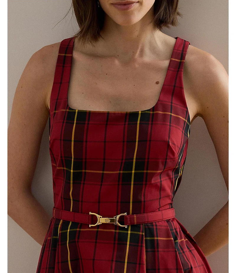 Lauren Ralph Lauren Plaid Taffeta Square Neck Belted Pleated Skirt Fit-and-Flare Dress