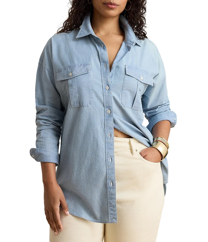 Lauren Ralph Lauren Plus Chambray Point Collar Long Sleeve Shirt