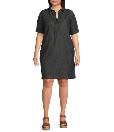 Lauren Ralph Lauren Plus Size Split Point Collar Short Sleeve Denim Shift Dress
