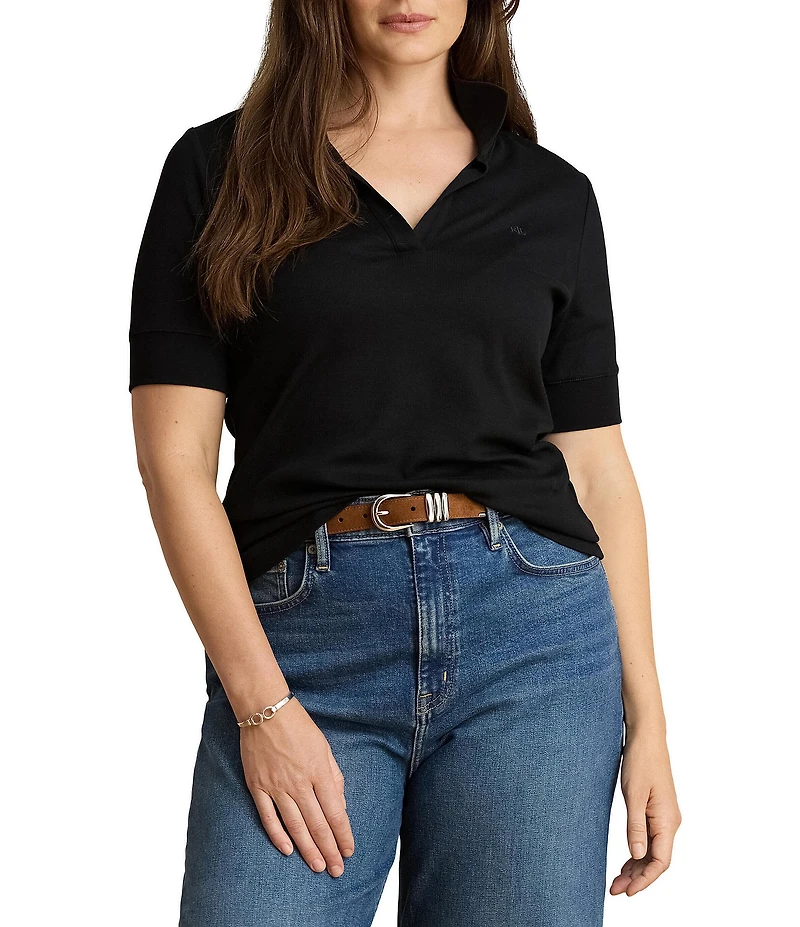 Lauren Ralph Lauren Plus Ribbed Knit Jersey Johnny Collar 3/4 Sleeve Top