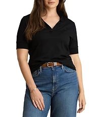 Lauren Ralph Lauren Plus Ribbed Knit Jersey Johnny Collar 3/4 Sleeve Top