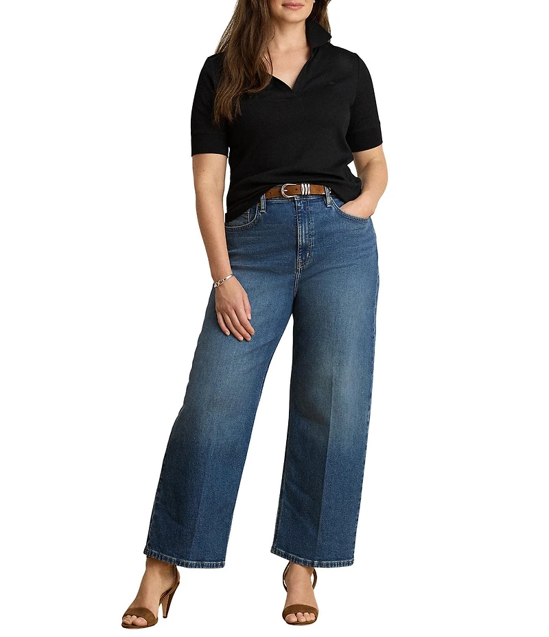 Lauren Ralph Lauren Plus Ribbed Knit Jersey Johnny Collar 3/4 Sleeve Top