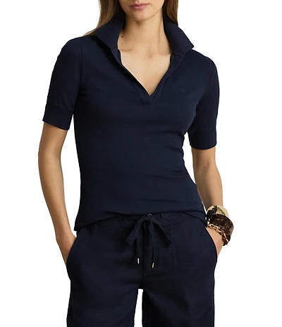Lauren Ralph Lauren Plus Ribbed Knit Johnny Collar 3/4 Sleeve Polo Shirt