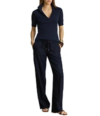Lauren Ralph Lauren Plus Ribbed Knit Johnny Collar 3/4 Sleeve Polo Shirt