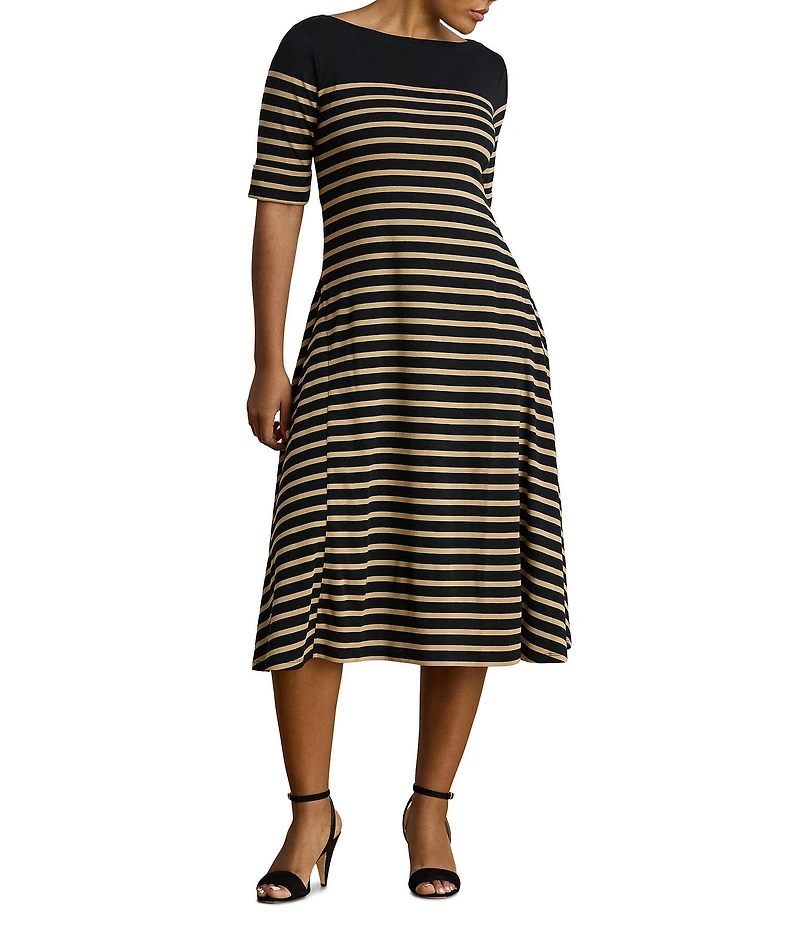 Lauren Ralph Lauren Plus Ribbed Knit Stripe Boat Neck 3/4 Sleeve Midi length Dress