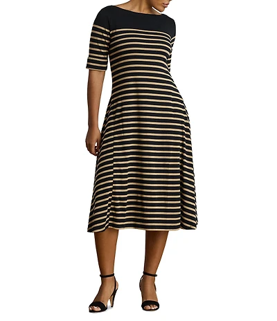 Lauren Ralph Lauren Plus Ribbed Knit Stripe Boat Neck 3/4 Sleeve Midi length Dress