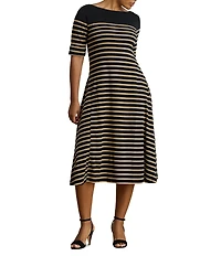 Lauren Ralph Lauren Plus Ribbed Knit Stripe Boat Neck 3/4 Sleeve Midi length Dress