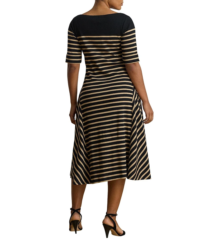 Lauren Ralph Lauren Plus Ribbed Knit Stripe Boat Neck 3/4 Sleeve Midi length Dress