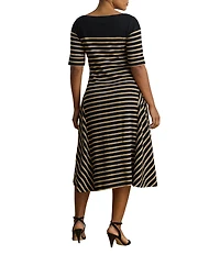 Lauren Ralph Lauren Plus Ribbed Knit Stripe Boat Neck 3/4 Sleeve Midi length Dress