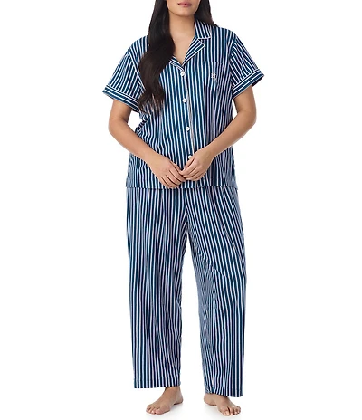 Lauren Ralph Lauren Plus Size Stripe Print Short Sleeve Notch Collar Jersey Knit Pajama Set