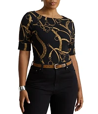 Lauren Ralph Lauren Plus Size Belting Equestrian Print Refined Stretch Ribbed Knit Boat Neck 3/4 Sleeve Tee Shirt