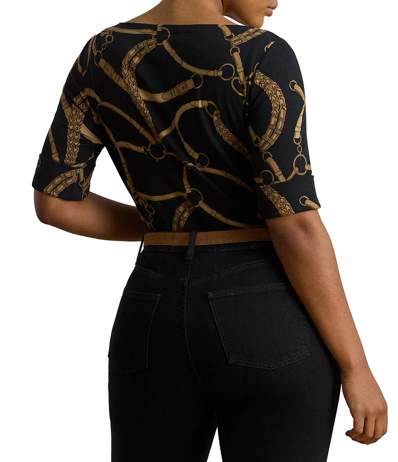 Lauren Ralph Lauren Plus Size Belting Equestrian Print Refined Stretch Ribbed Knit Boat Neck 3/4 Sleeve Tee Shirt