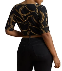 Lauren Ralph Lauren Plus Size Belting Equestrian Print Refined Stretch Ribbed Knit Boat Neck 3/4 Sleeve Tee Shirt