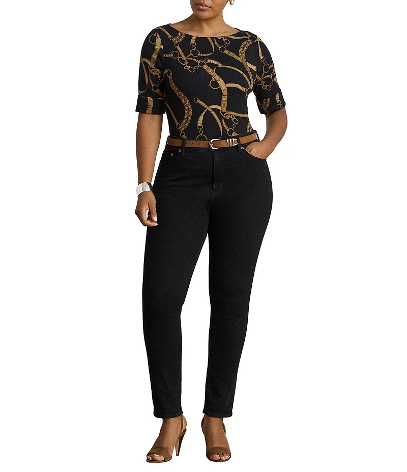 Lauren Ralph Lauren Plus Size Belting Equestrian Print Refined Stretch Ribbed Knit Boat Neck 3/4 Sleeve Tee Shirt