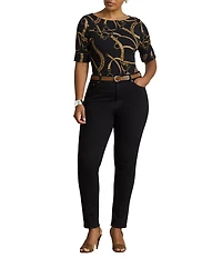 Lauren Ralph Lauren Plus Size Belting Equestrian Print Refined Stretch Ribbed Knit Boat Neck 3/4 Sleeve Tee Shirt