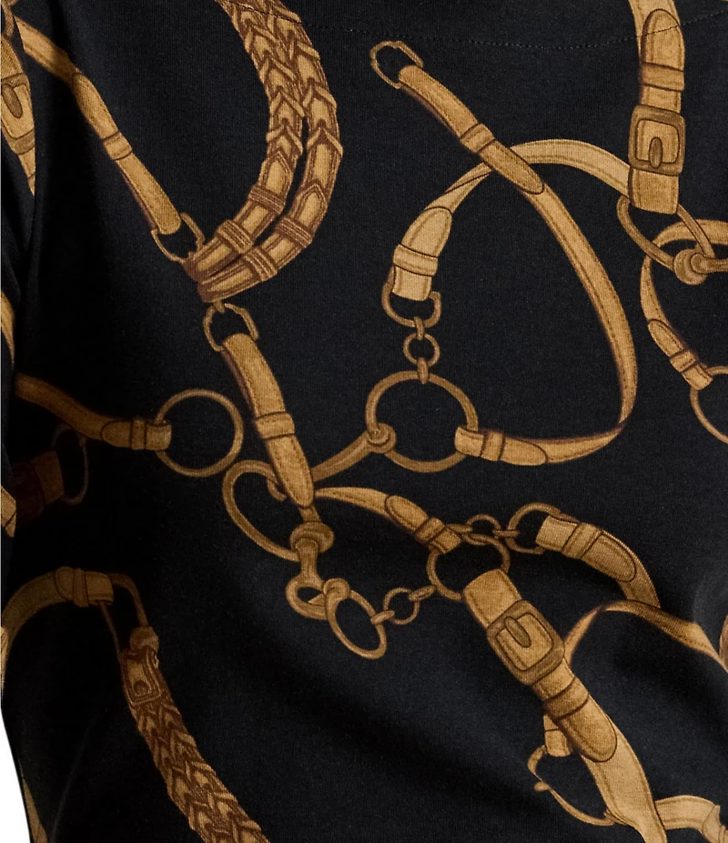 Lauren Ralph Lauren Plus Size Belting Equestrian Print Refined Stretch Ribbed Knit Boat Neck 3/4 Sleeve Tee Shirt
