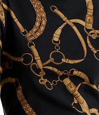 Lauren Ralph Lauren Plus Size Belting Equestrian Print Refined Stretch Ribbed Knit Boat Neck 3/4 Sleeve Tee Shirt