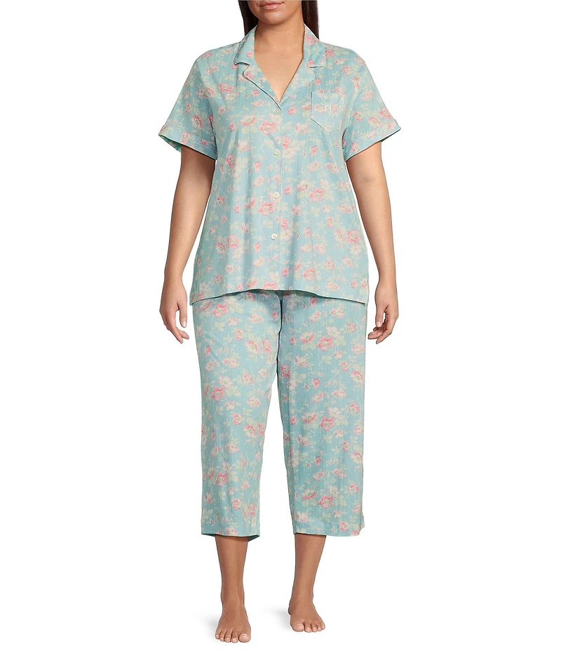 Lauren Ralph Lauren Plus Size Blue Floral Short Sleeve Notch Collar Knit Cropped Pajama Set