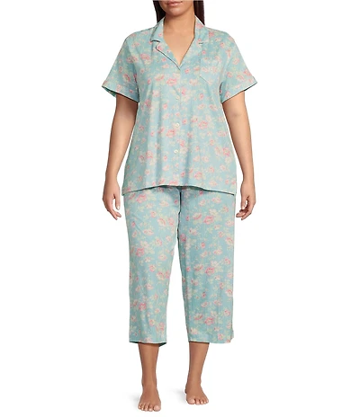 Lauren Ralph Lauren Plus Size Blue Floral Short Sleeve Notch Collar Knit Cropped Pajama Set